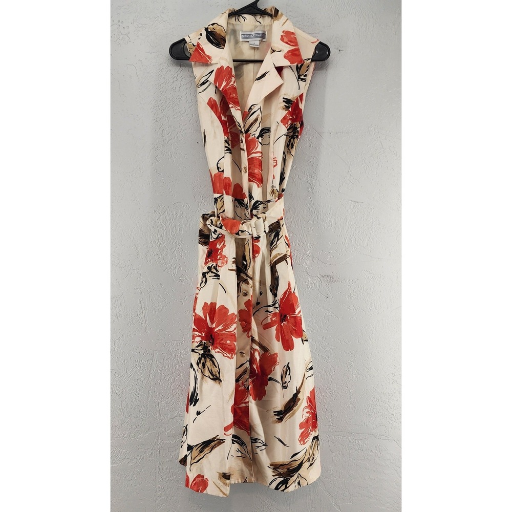 Jessica Howard Cream Red Floral Belted Sleeveless Shirt Dress Retro Womens 14